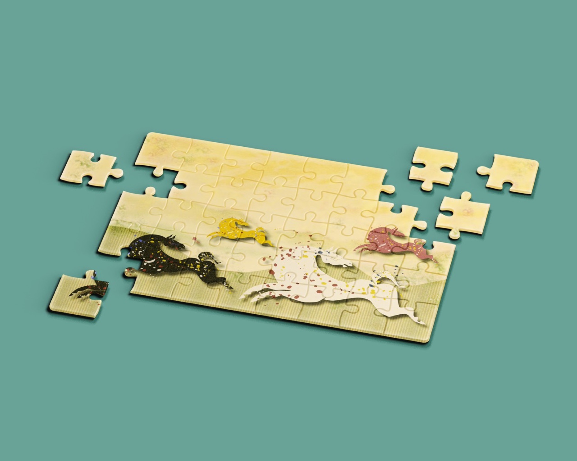 Jigsaw puzzle with illustrated galloping horses