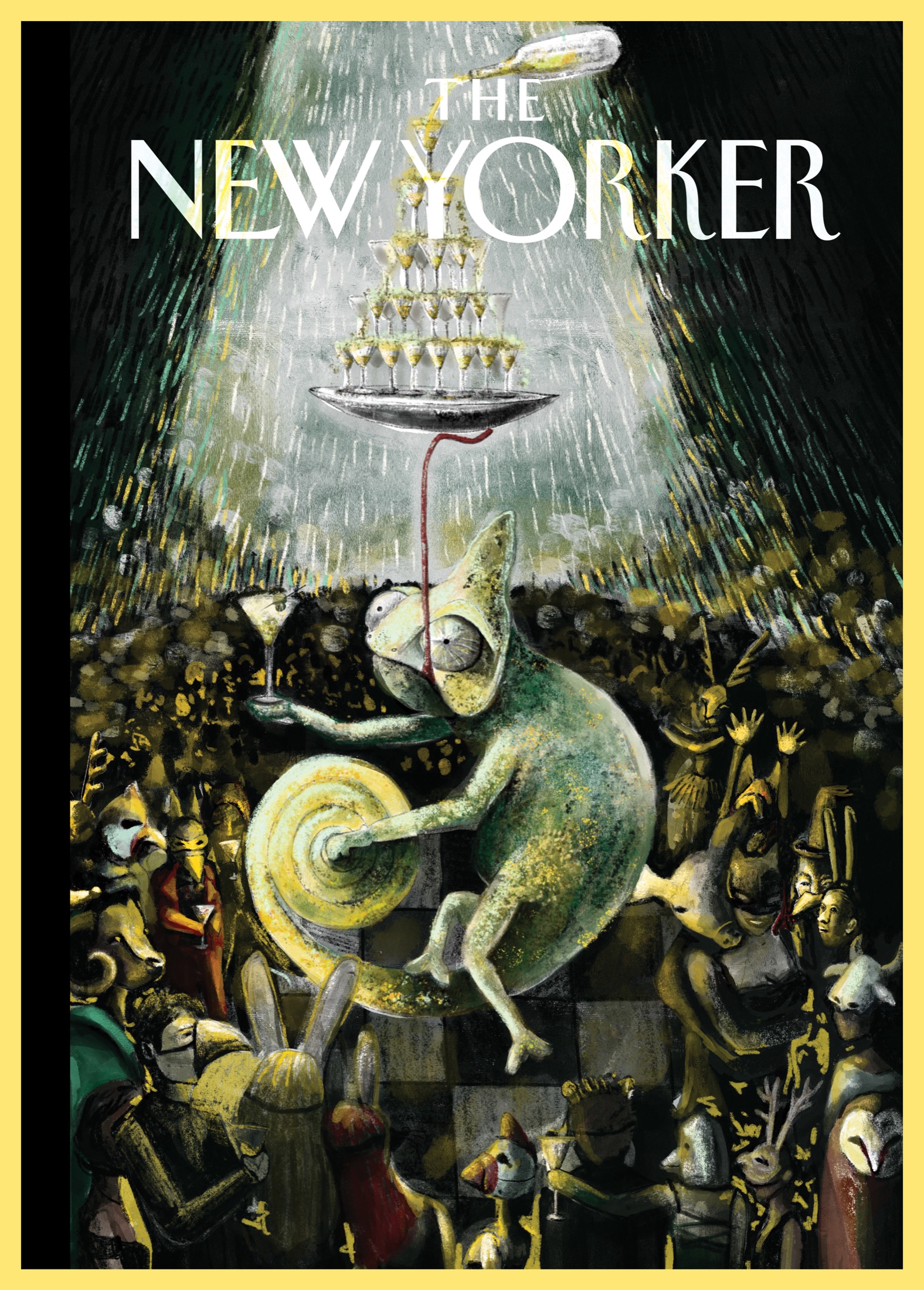 The New Yorker cover — a chameleon balancing a champagne tower at a masquerade party