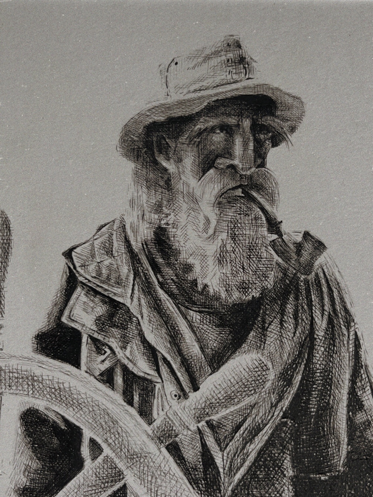 The Sailor — crosshatched pen drawing of a sailor at a ship’s wheel