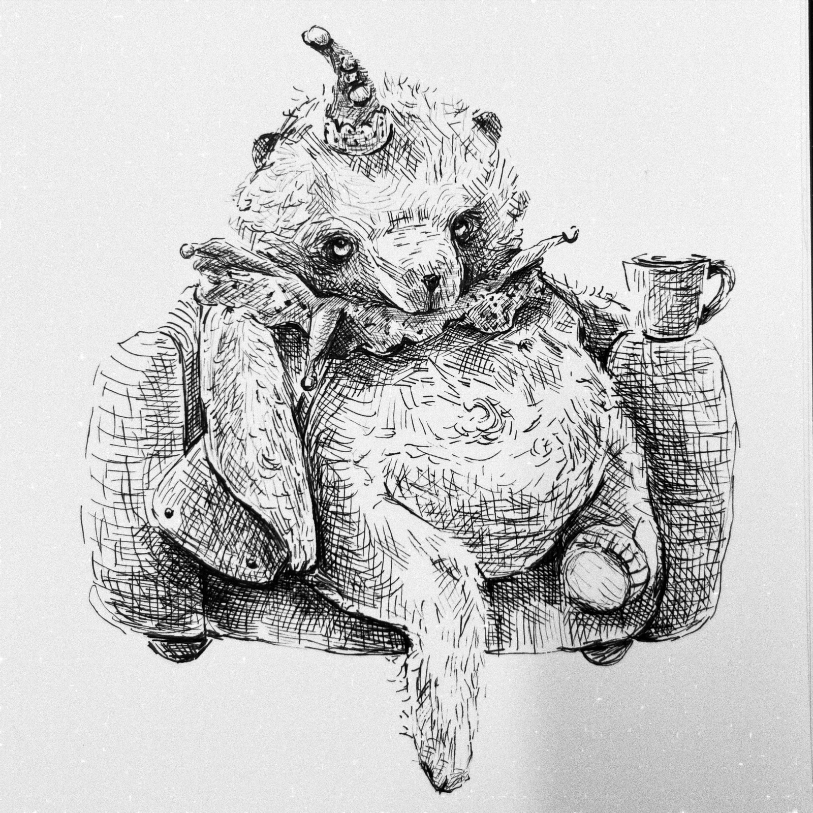 Ink drawing of a curled-up creature