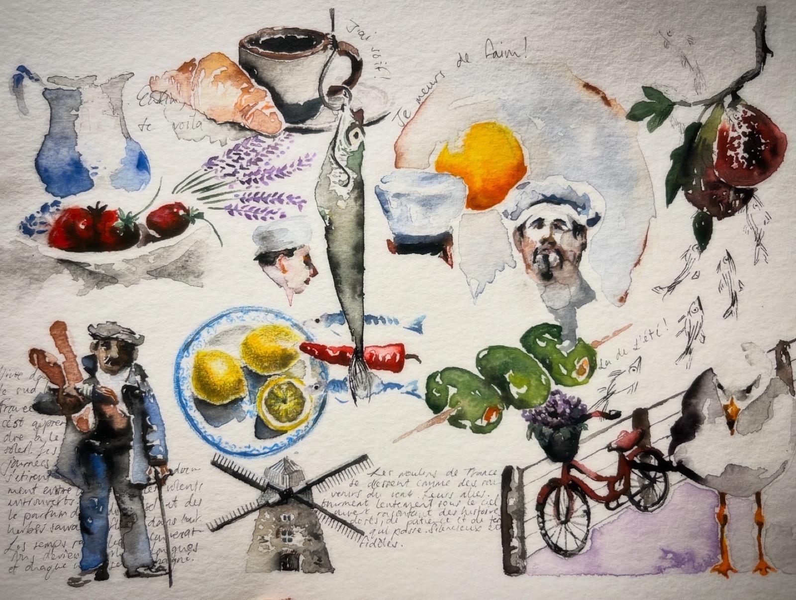Watercolour journal spread with figures, lemons and windmills