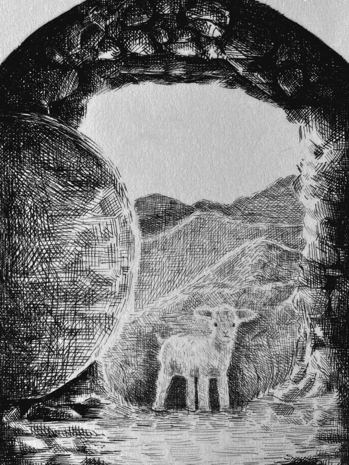 Charcoal study — a lamb in a stone tunnel