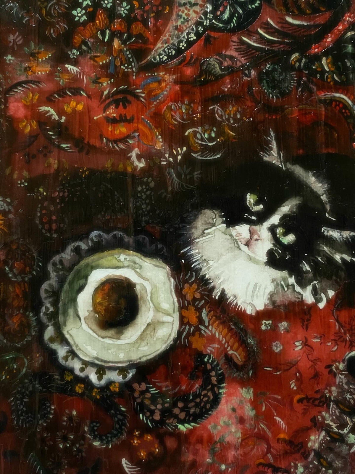 Dark textured painting with a kitten