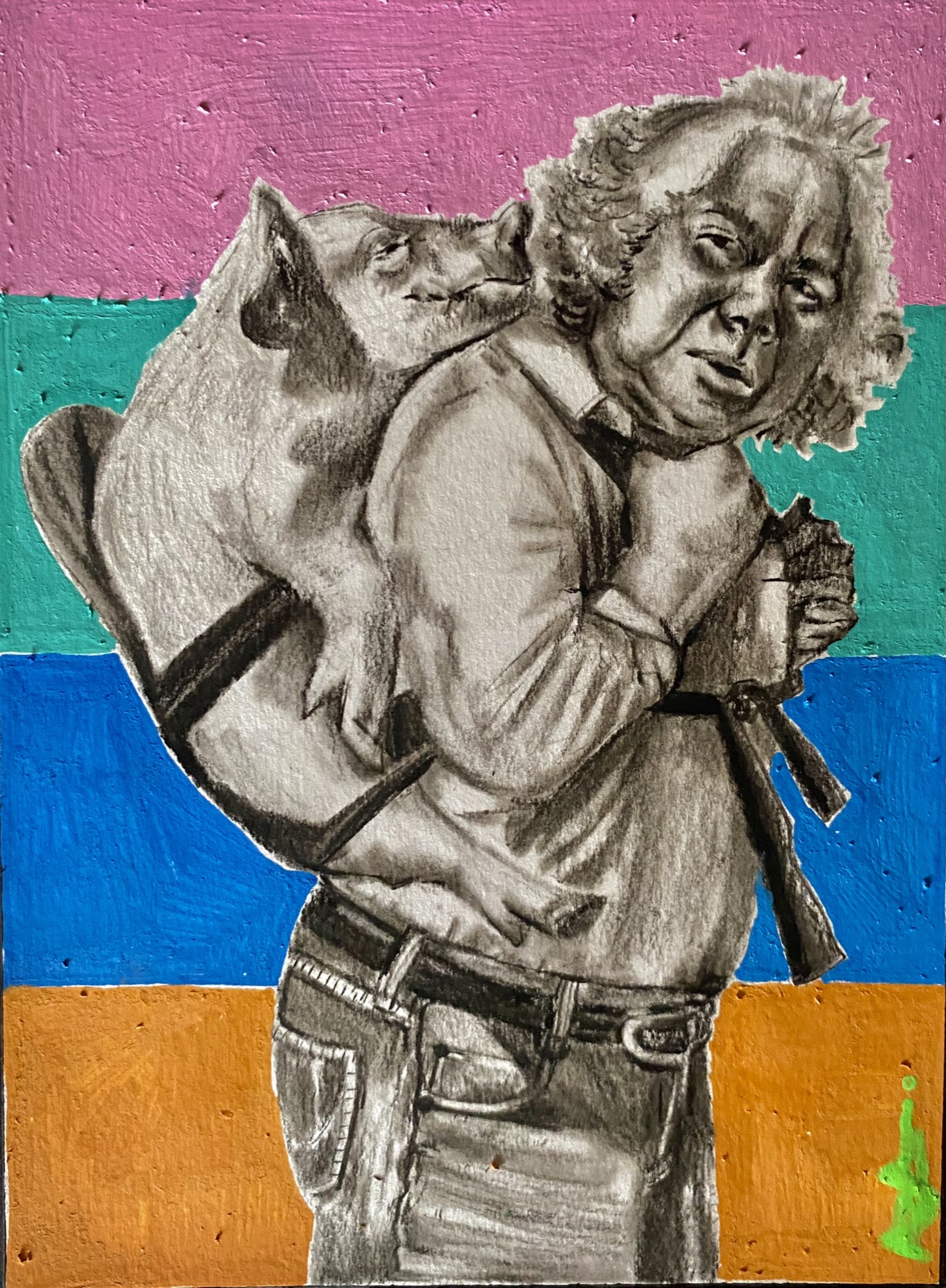 Pencil drawing of a man with a backpack on painted colour blocks