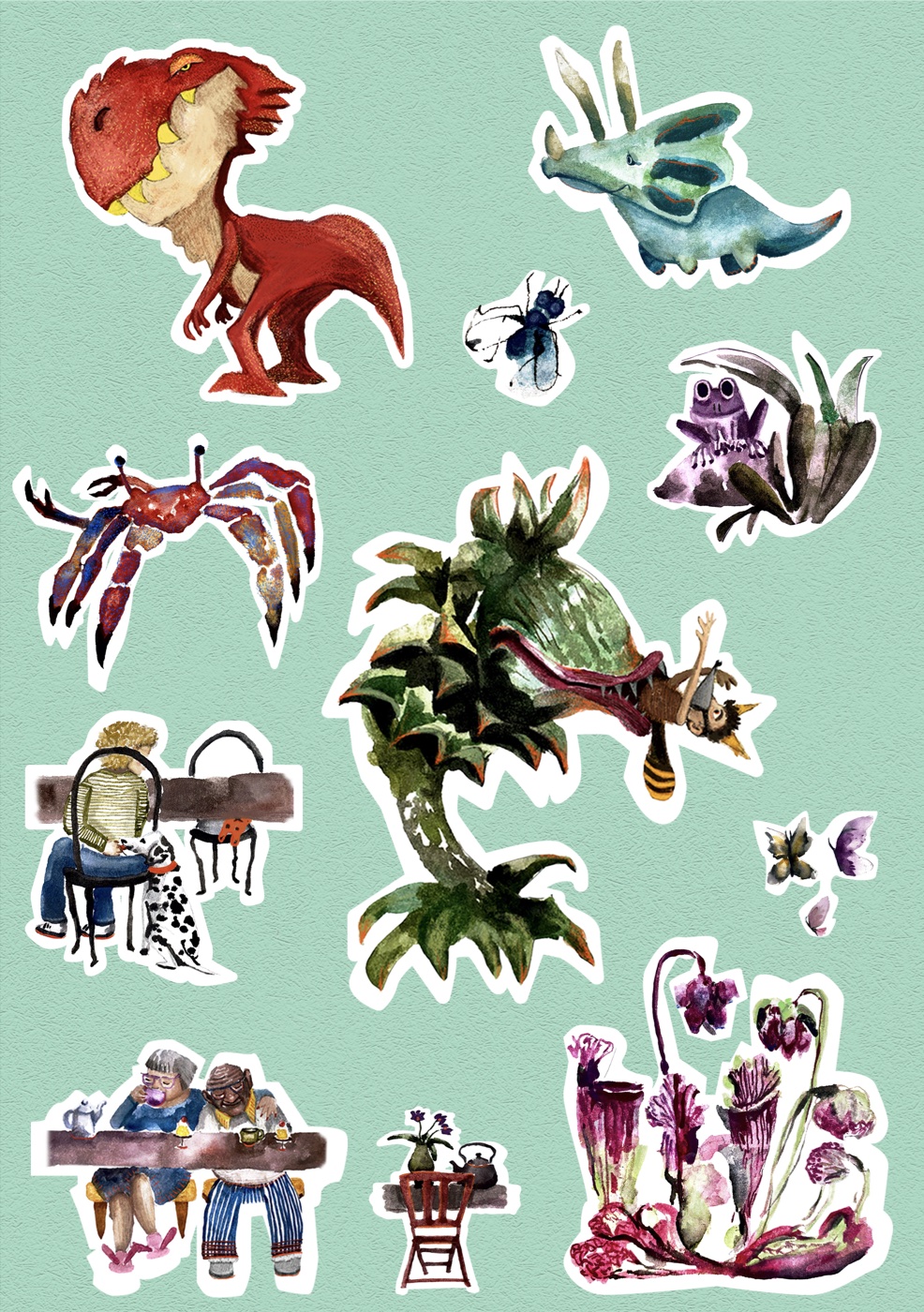Illustrated sticker sheet with dragons and creatures