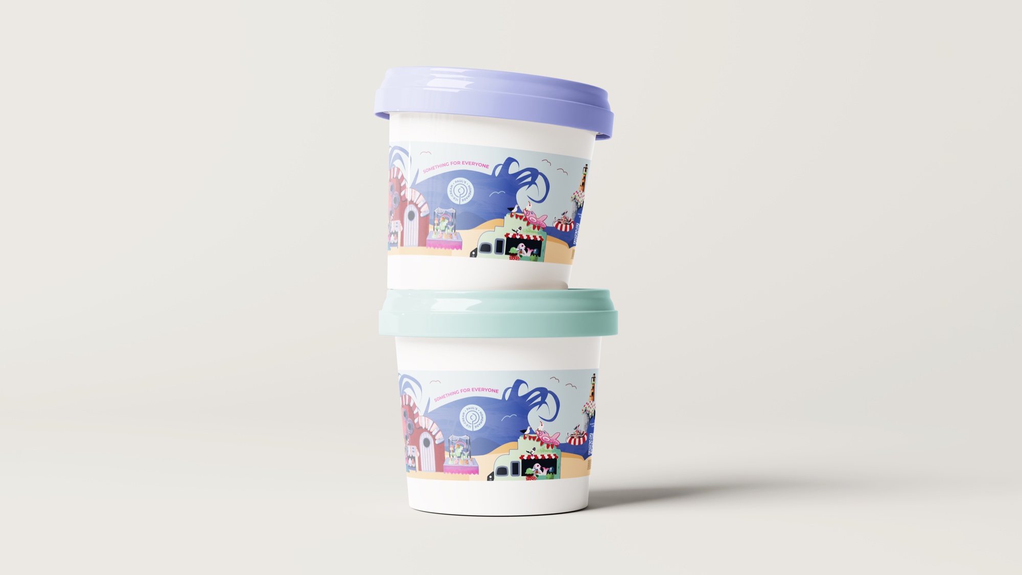 Two stacked ice cream tubs with the illustrated wrap