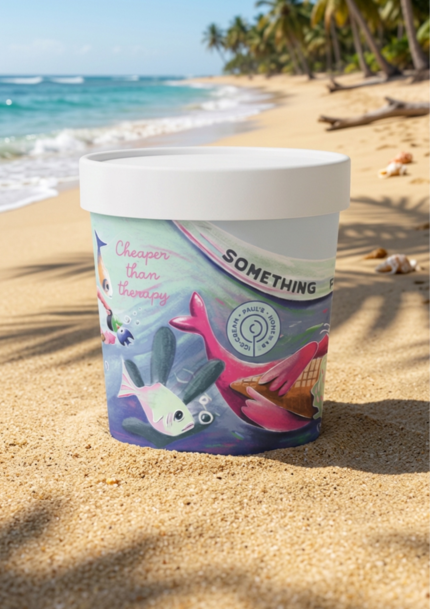 Paul’s Homemade Ice Cream tub photographed on a beach