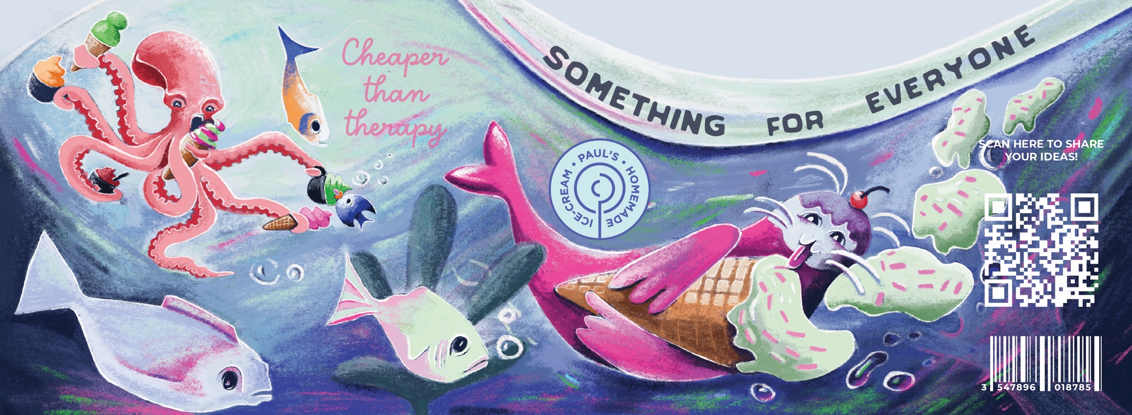 Paul’s Homemade Ice Cream — flat wrap illustration with octopus and fish