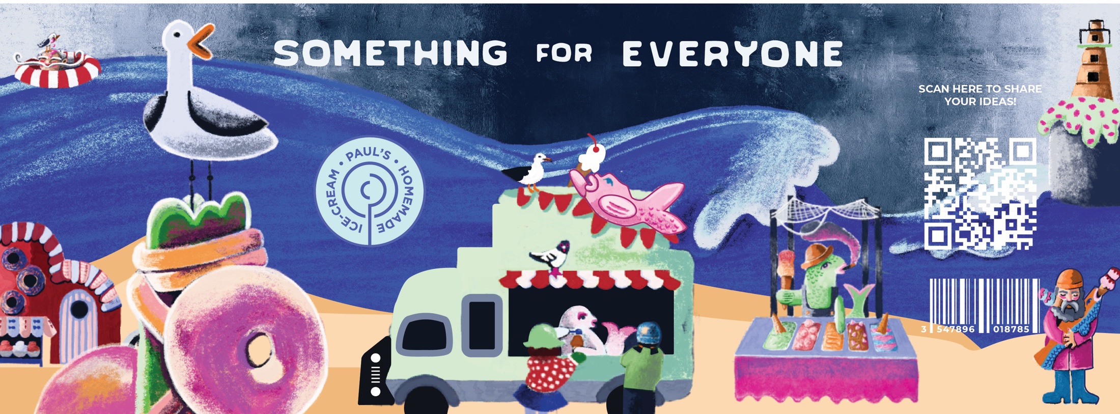 Paul’s Homemade Ice Cream — flat wrap illustration with ice cream vans and seaside parade
