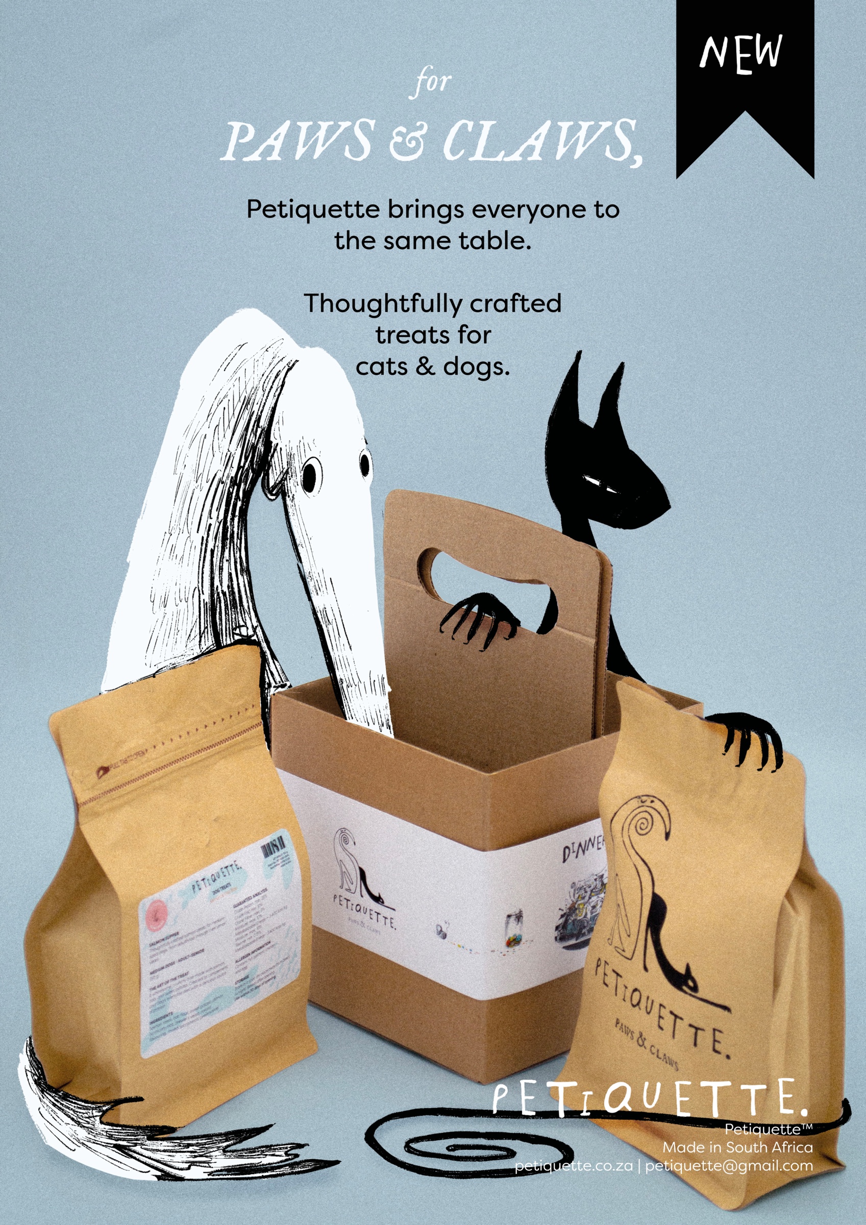 Petiquette magazine advertisement — an ink dog and cat with kraft treat bags and a carry box