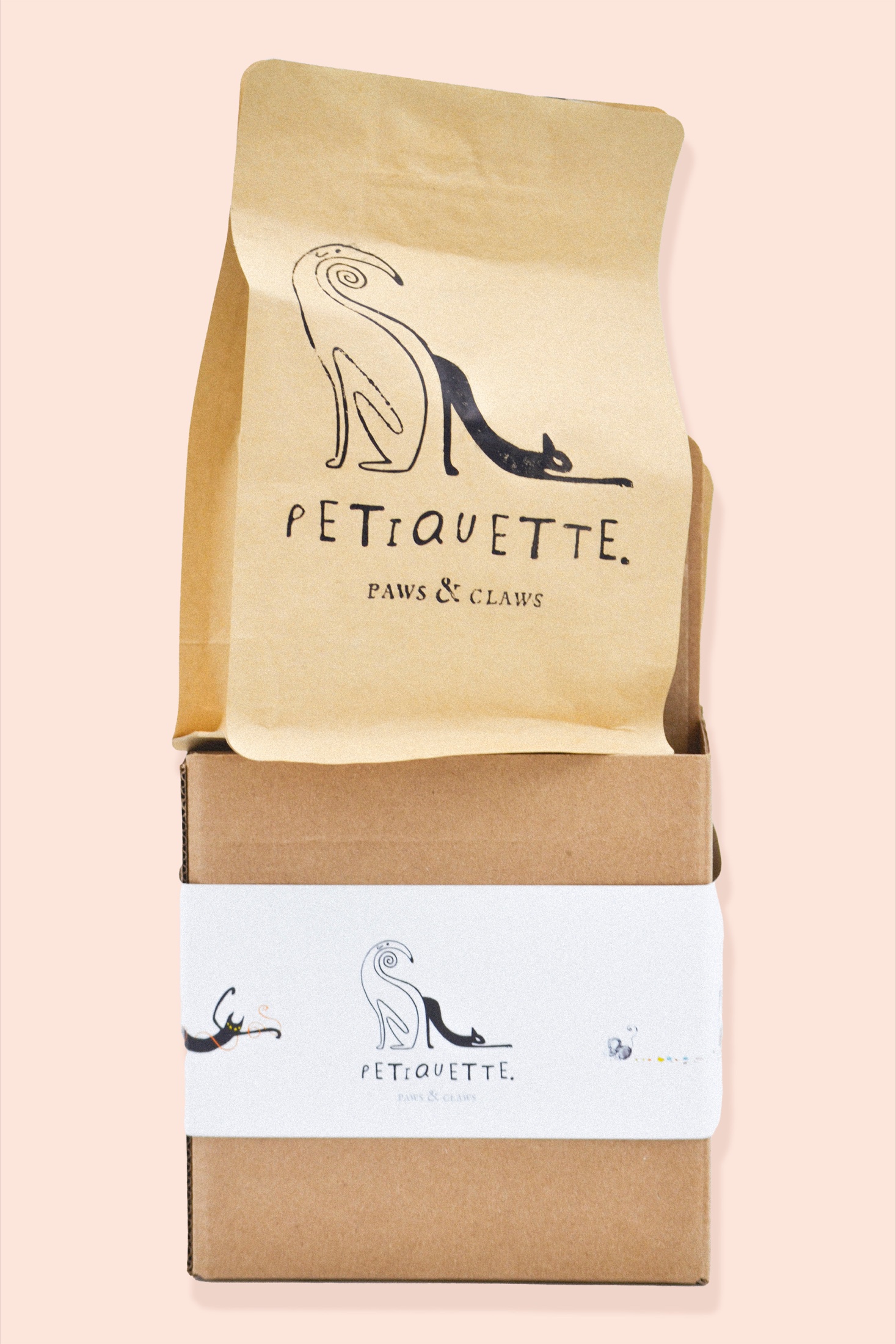 A kraft Petiquette treat bag printed with the dog-and-cat mark, standing on the branded carry box