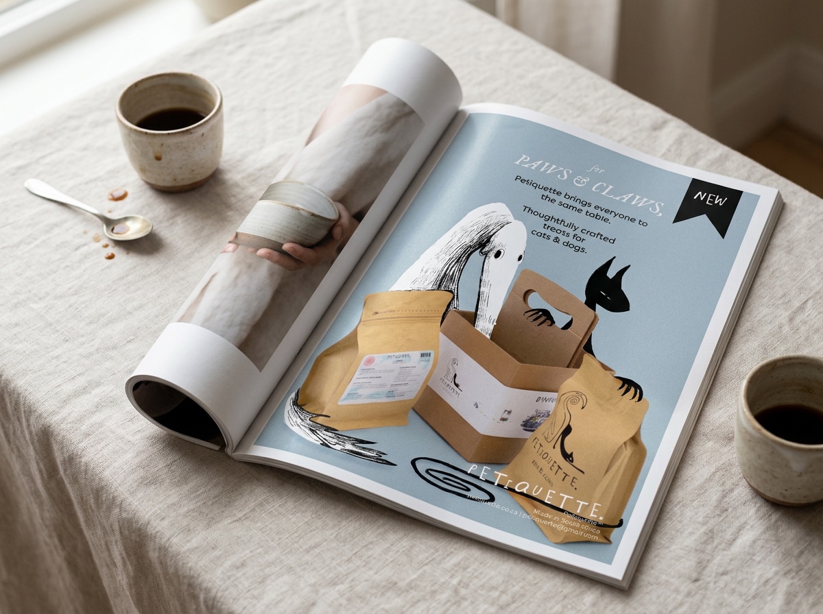 The Petiquette advertisement printed in an open magazine on a linen tablecloth