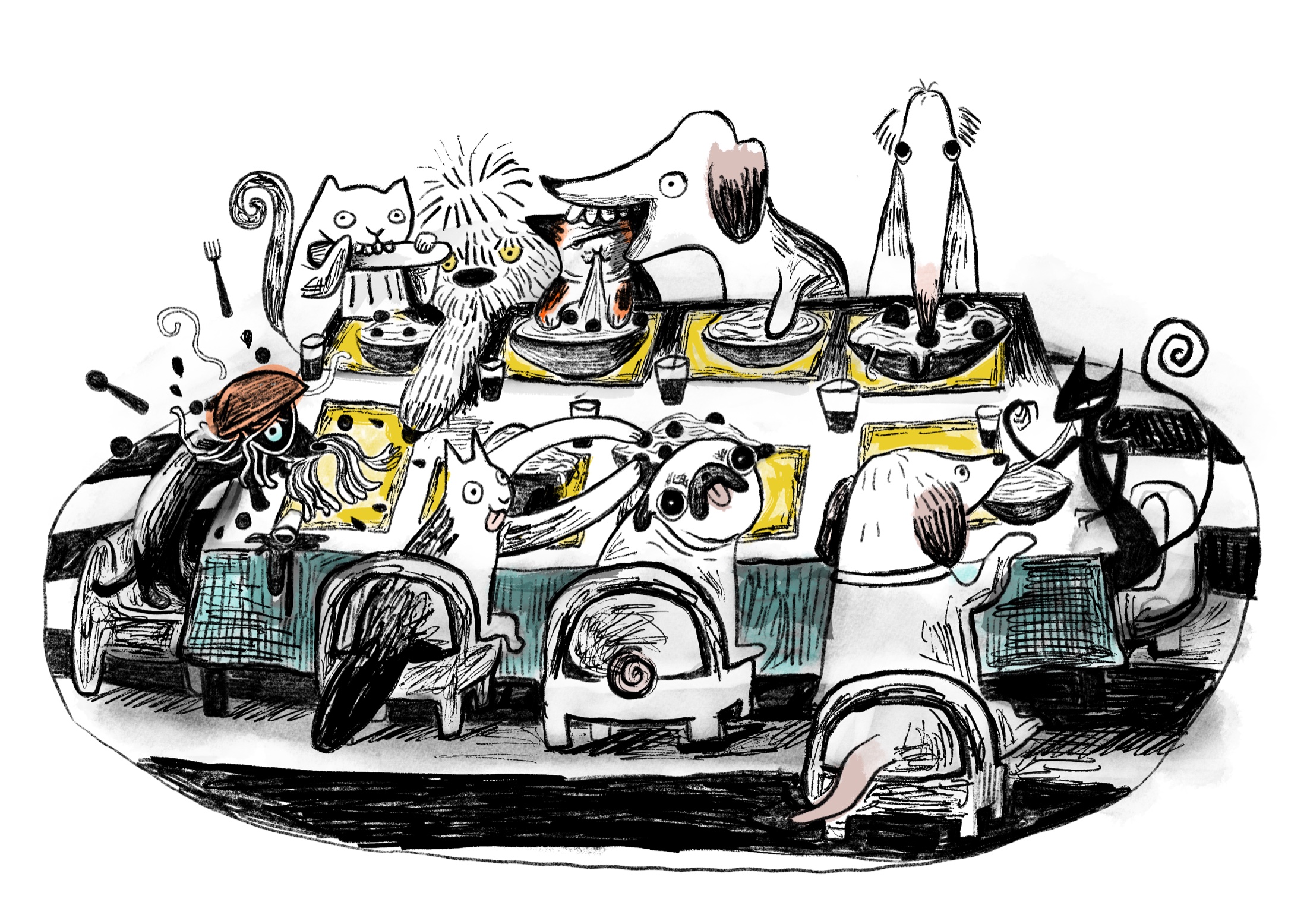 Ink and wash illustration of cats and dogs of every kind eating together at one long dinner table