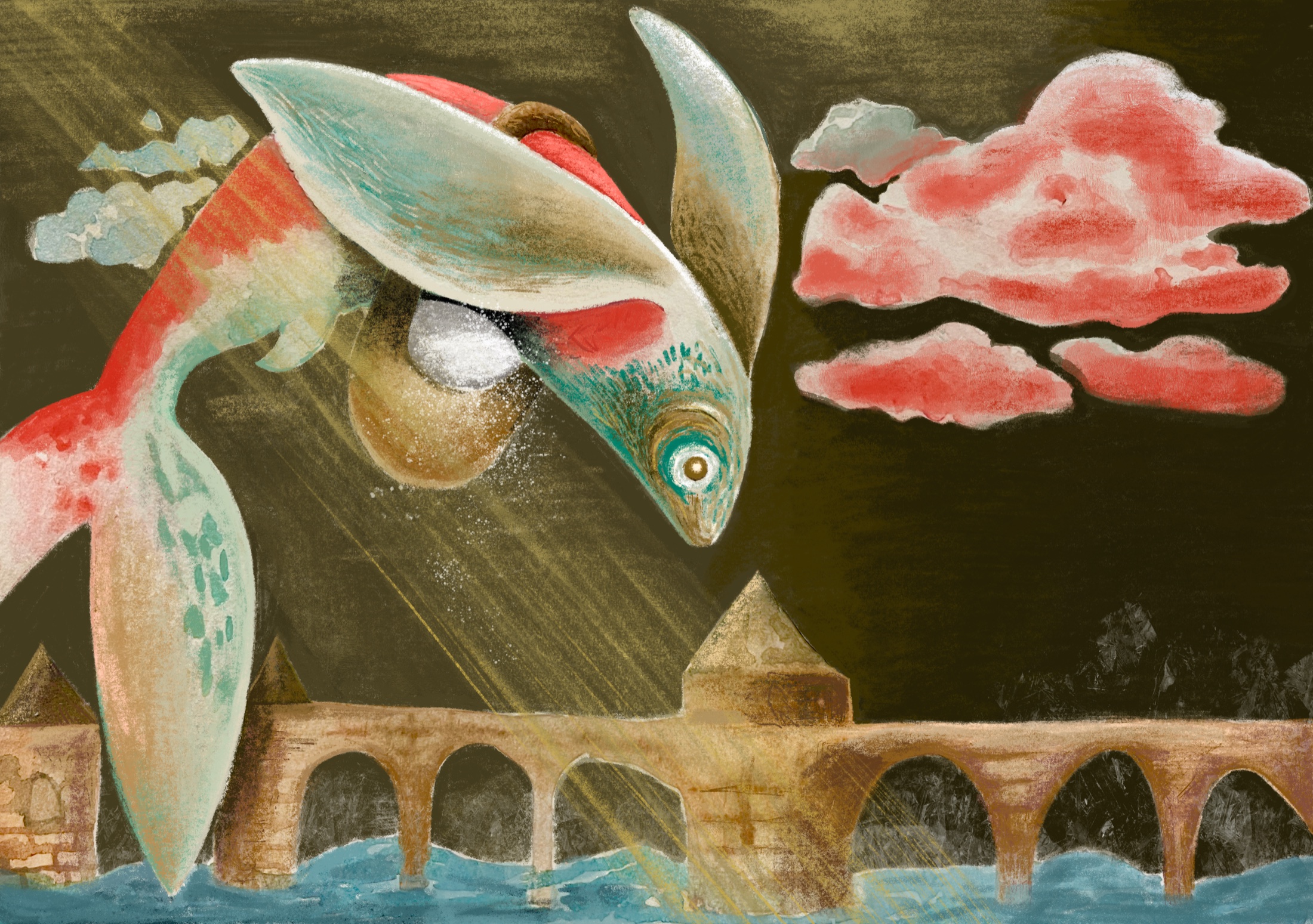 A red and teal fish carrying a bowl of salt leaps over an old stone bridge beneath pink clouds and golden light