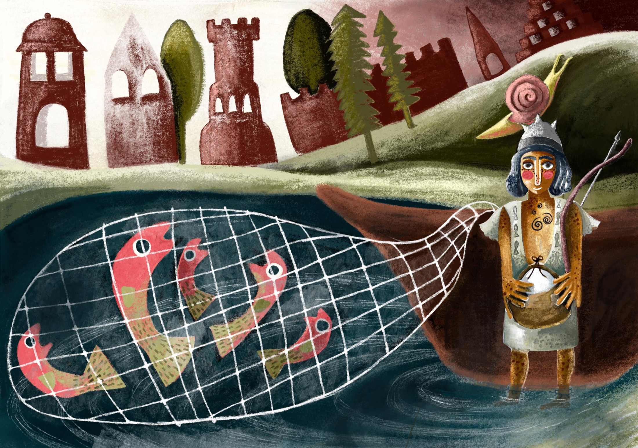 A fisherman in a helmet stands in a river holding a bowl of salt, beside a net full of red fish, below a town of dark red towers