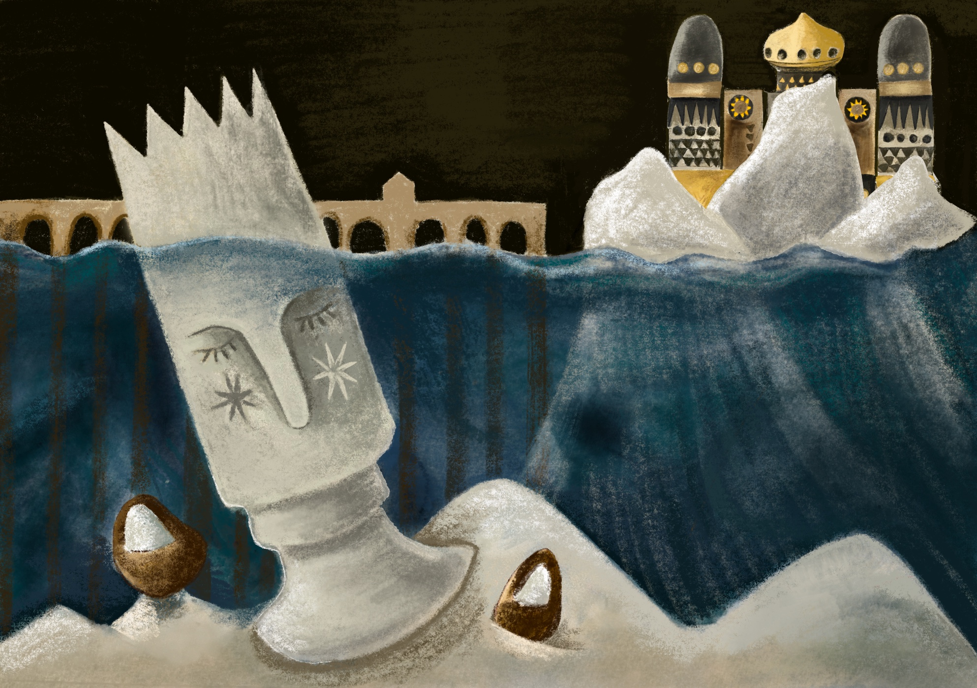 A crowned salt-cellar figure sinks into a dark sea beside salt mountains, with an aqueduct and a golden-domed palace beyond