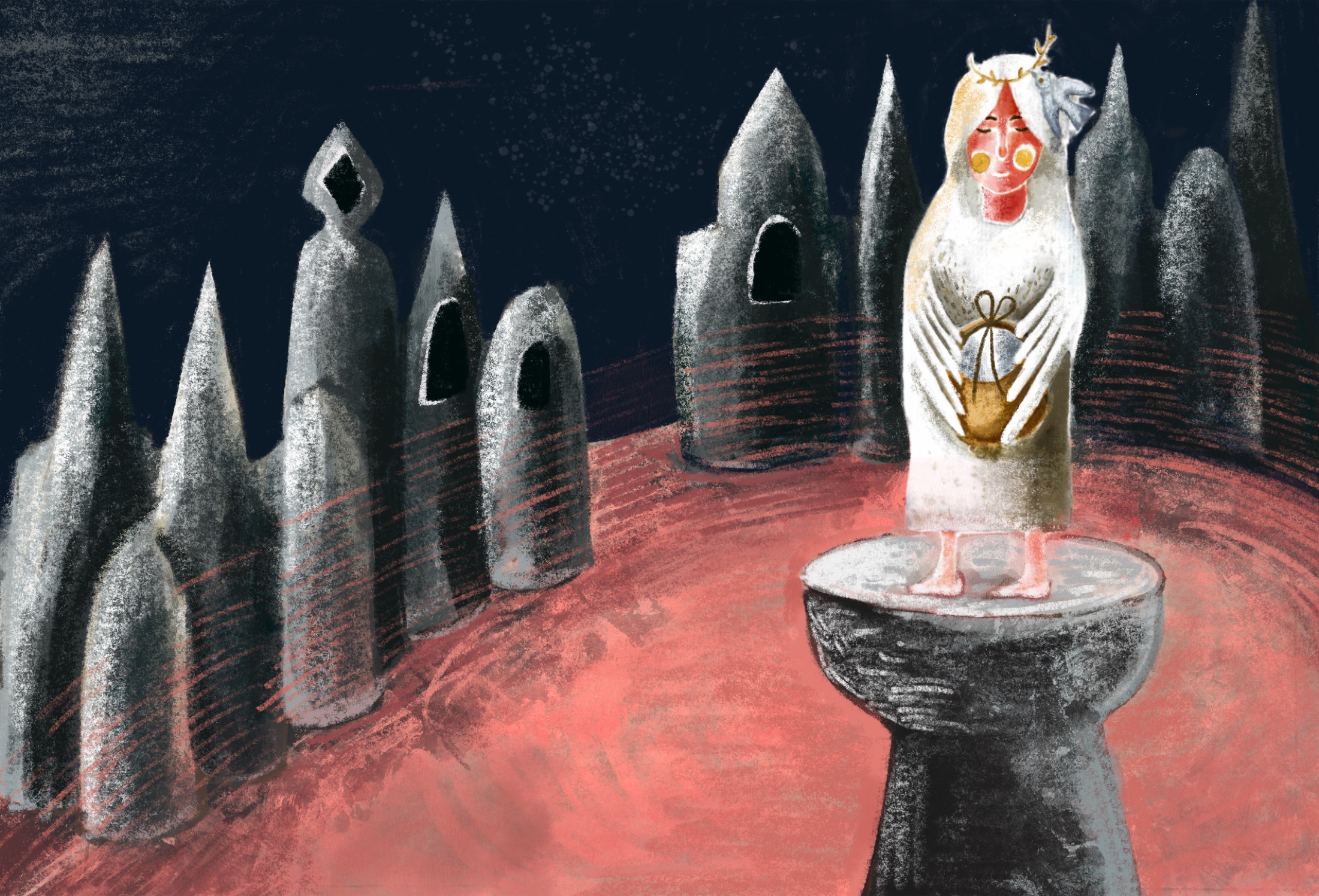 A girl in white with antlers stands on a stone pedestal holding a bowl of salt, ringed by hooded standing stones