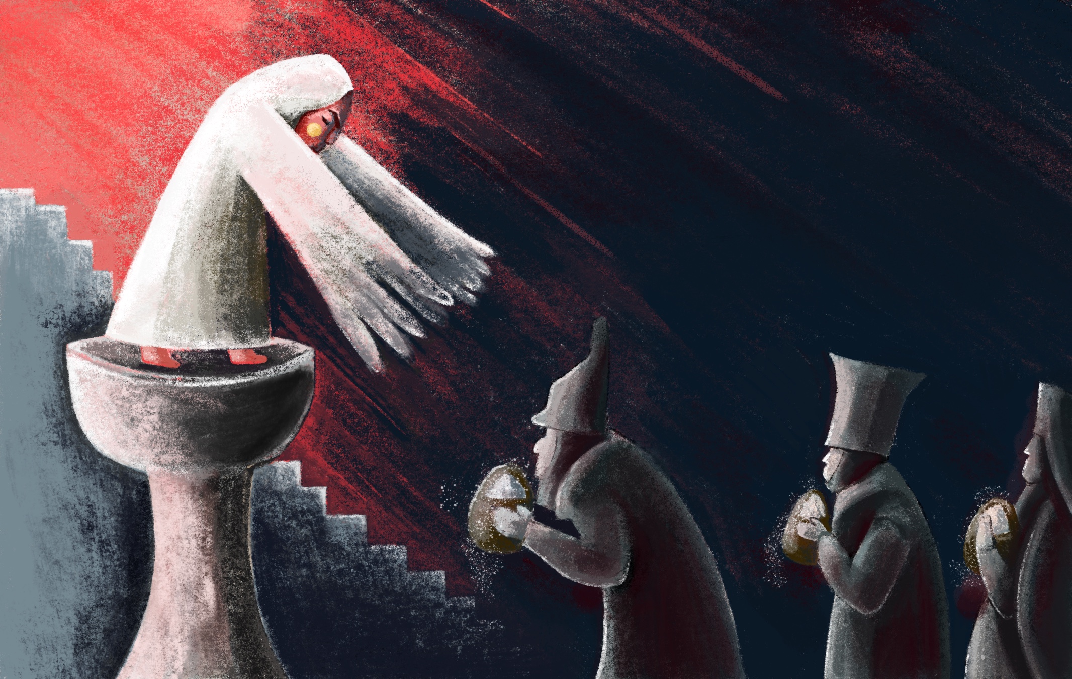 A white-robed figure standing in a great stone bowl reaches towards a procession of hooded figures carrying bowls of salt