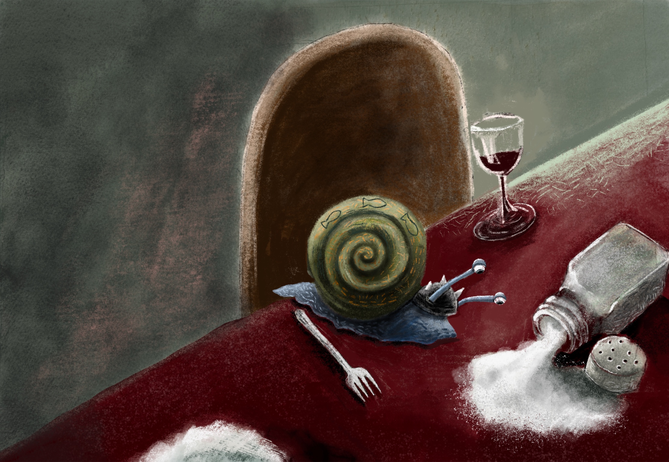 A snail with a spiral shell sits at a red dining table beside a fallen salt cellar, a fork and a glass of red wine