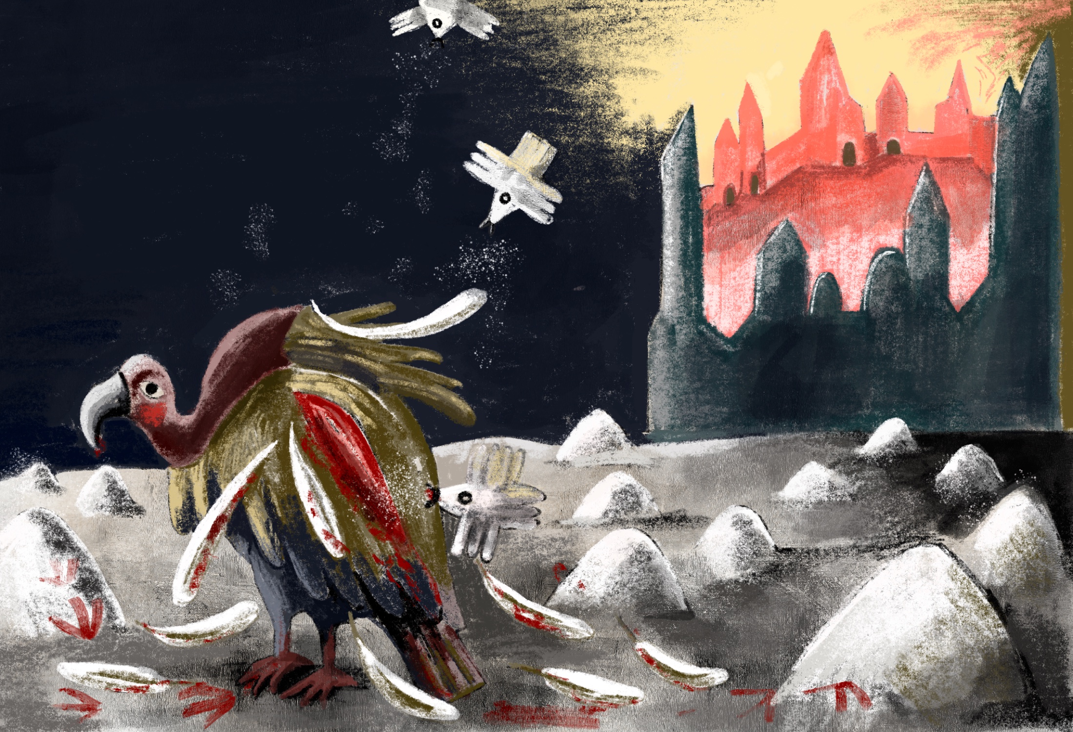 A vulture stands among heaps of salt and fallen feathers before a red castle at dawn