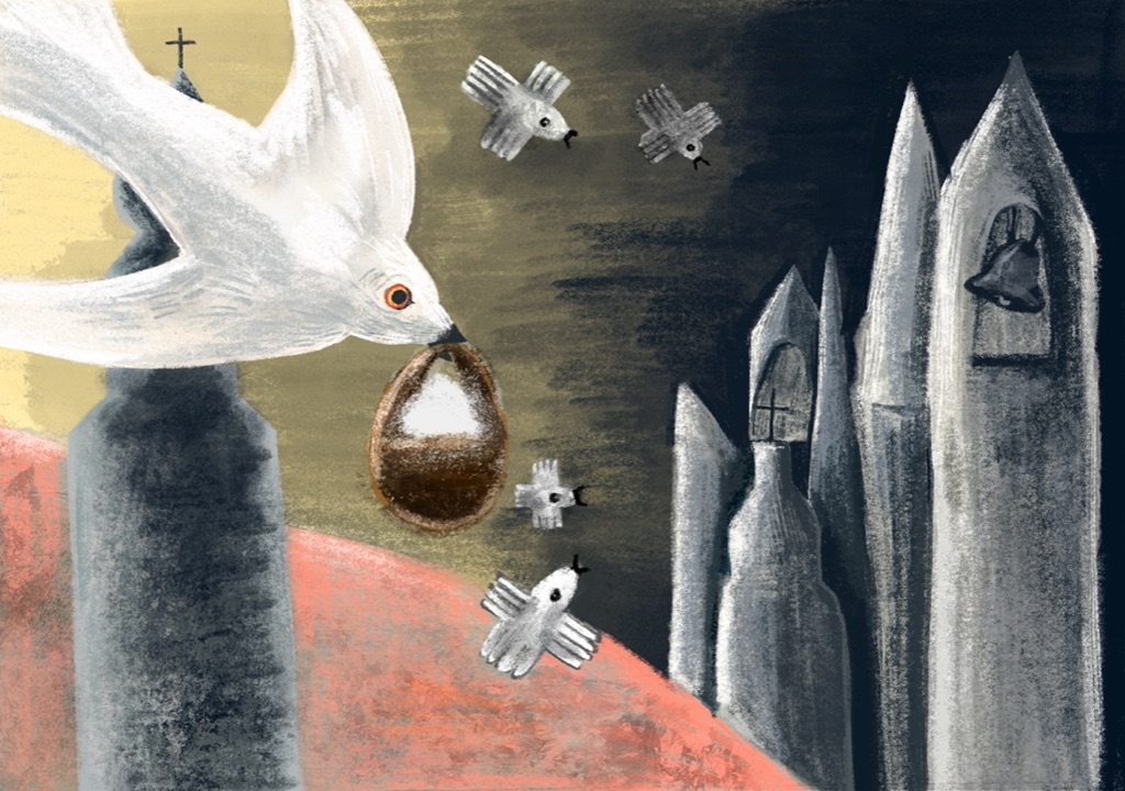A white dove carries a bowl of salt in its beak past grey church spires, with small cross-shaped birds around it