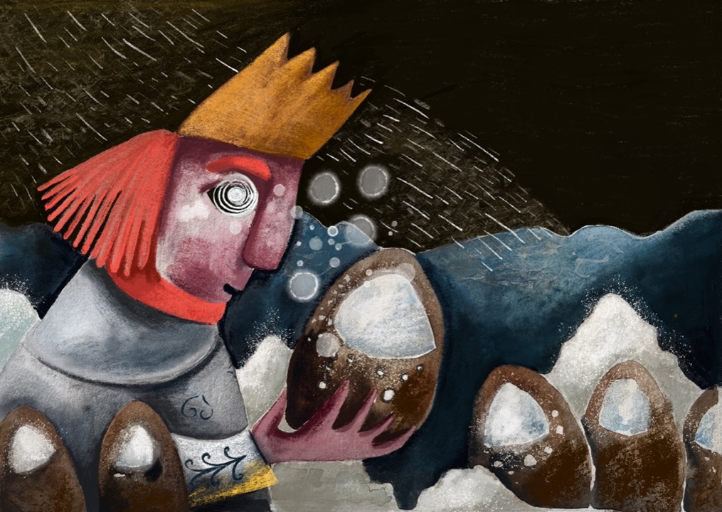 A red-haired king in a golden crown gazes into a bowl of salt among salt-filled bowls and blue hills