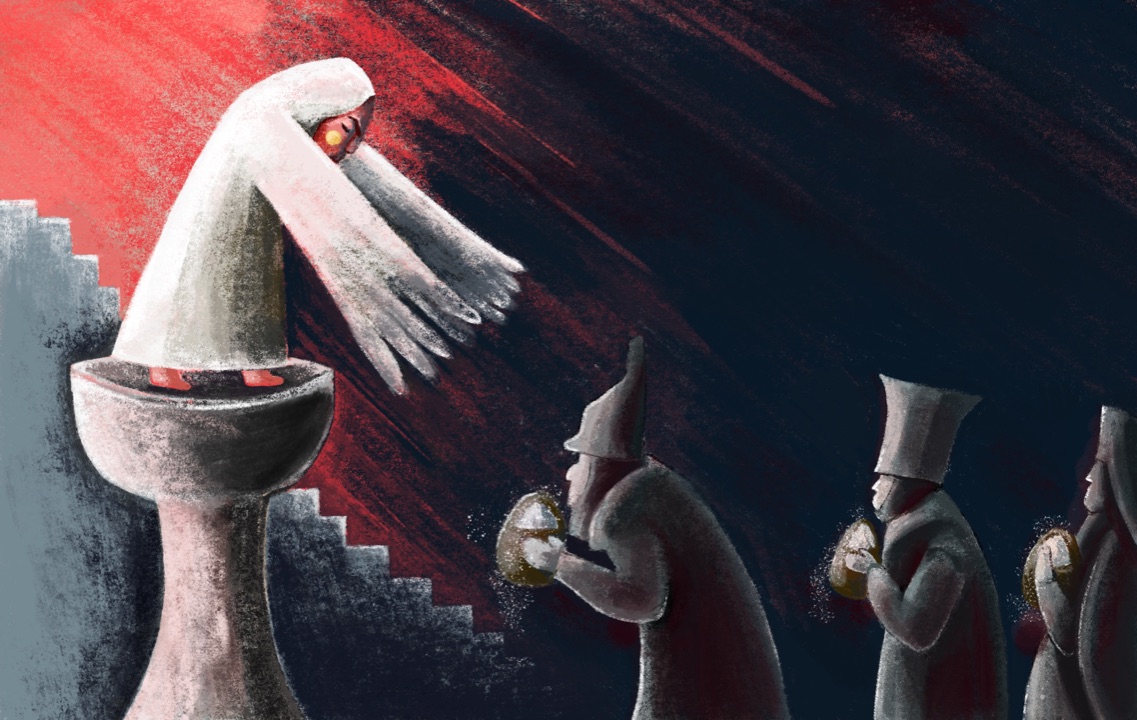 A white-robed figure standing in a great stone bowl reaches towards a procession of hooded figures carrying bowls of salt