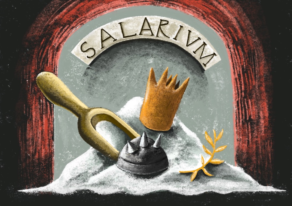 Salarium — a pile of salt beneath a brick-red archway, with a wooden scoop, a crown, a spiked helmet and a laurel sprig