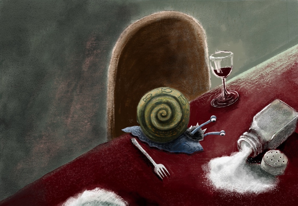A snail with a spiral shell sits at a red dining table beside a fallen salt cellar, a fork and a glass of red wine
