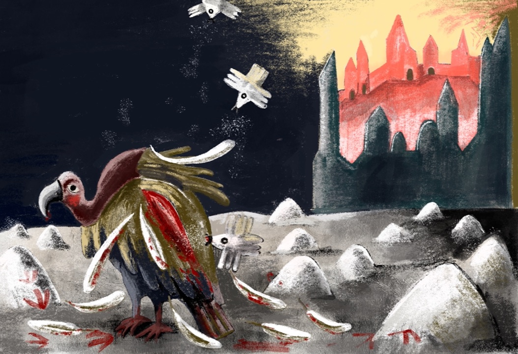 A vulture stands among heaps of salt and fallen feathers before a red castle at dawn