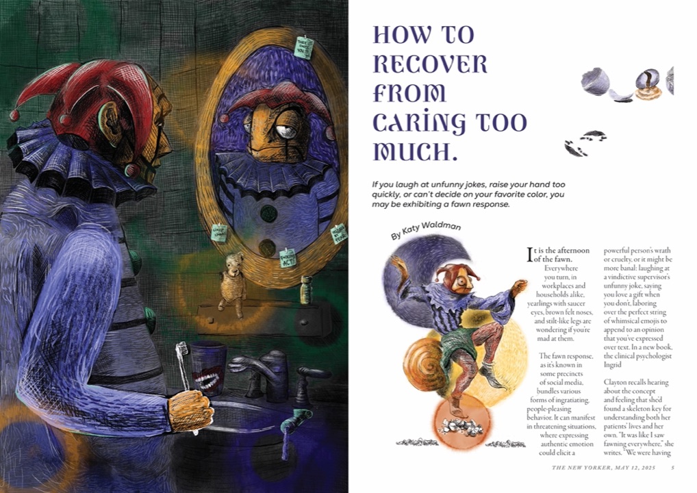 Opening spread of “How to Recover from Caring Too Much”: a jester in a red and blue cap faces his own reflection in a gilt mirror