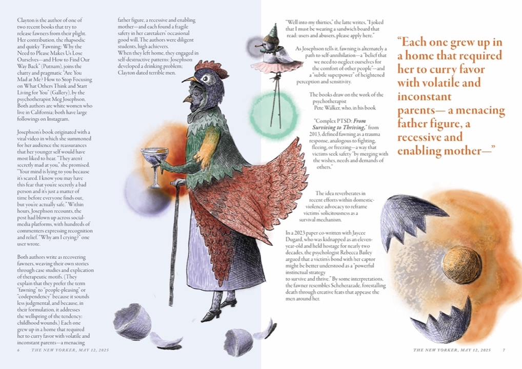Editorial spread with a rooster dressed as a Victorian lady holding a glass, and a cracked egg revealing a planet
