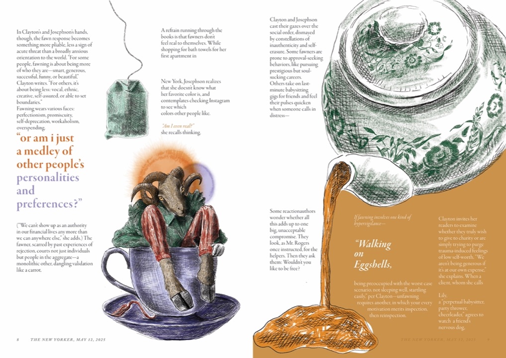 Editorial spread with a goat curled in a teacup and a green patterned teapot pouring onto eggshells
