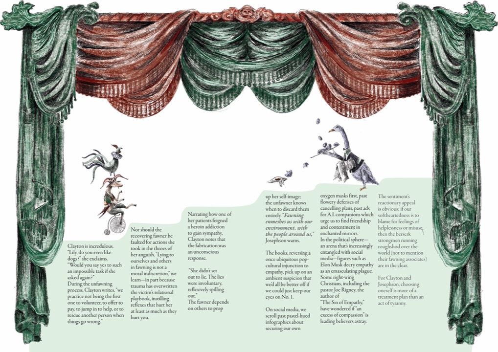 Editorial spread framed as a theatre stage with red and green velvet curtains, small bird performers balancing above the text