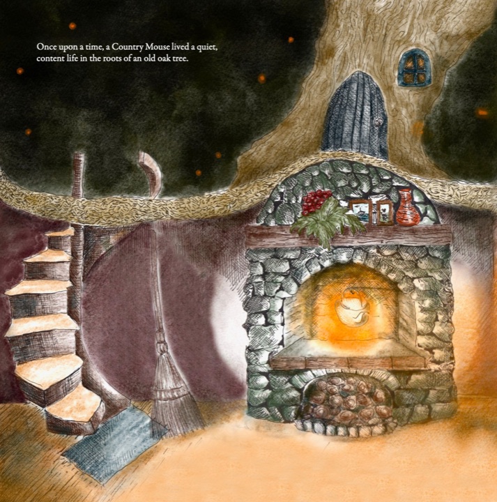 The Country Mouse’s burrow beneath an oak root, with a spiral stair and a glowing stone fireplace