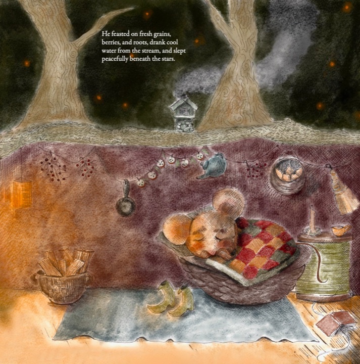 The Country Mouse asleep in a nest under a patchwork quilt, warmed by the firelight