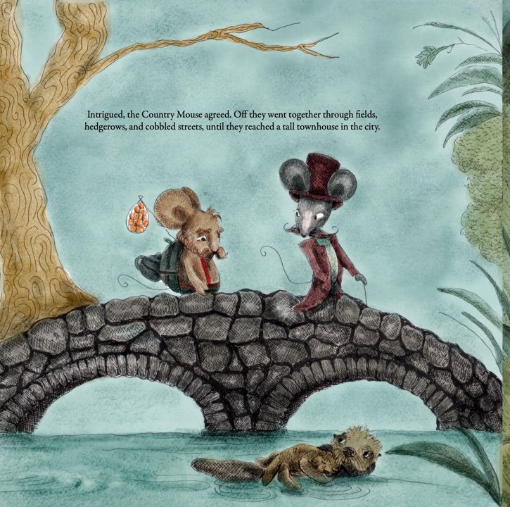 The Town Mouse in a top hat and the Country Mouse cross a stone bridge over a river