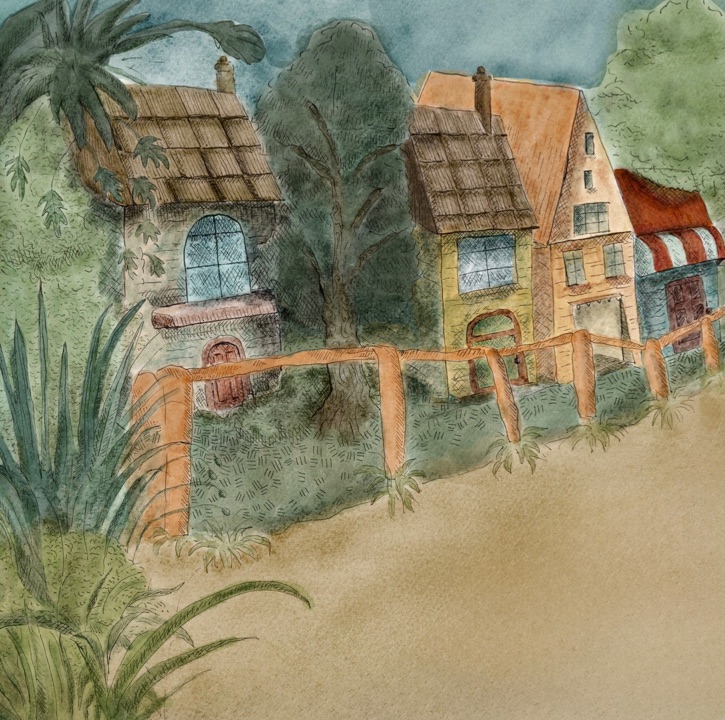 Tall, crooked townhouses rising behind a hedge and reeds at the edge of the city