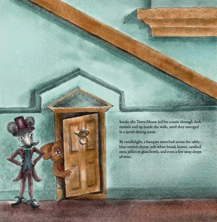The two mice arrive at a small wooden door set into a teal wall below a staircase