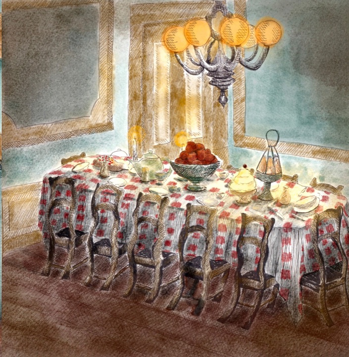 A banquet table laid with a red checked cloth, cakes and fruit beneath a glowing chandelier