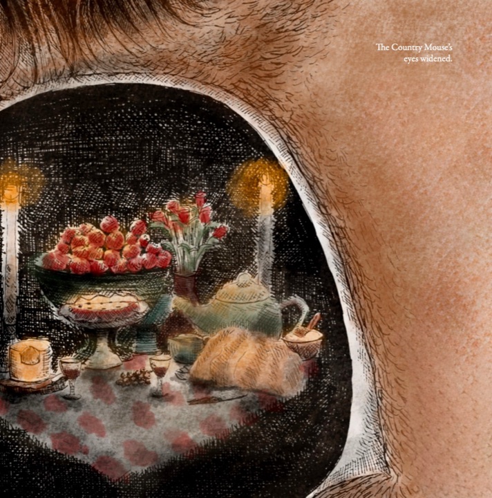 The Country Mouse’s left eye in close-up, reflecting a candlelit table of apples, roses, a teapot and bread