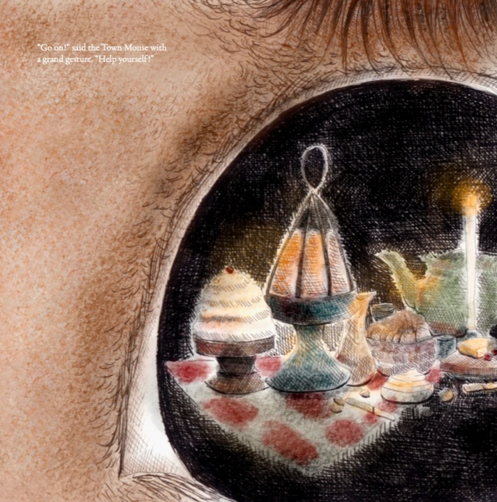 The Country Mouse’s right eye in close-up, reflecting a cream cake, a lantern and a candlelit feast
