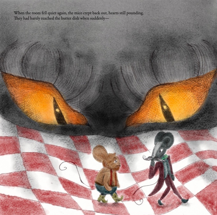 A cat’s orange eyes loom out of the dark over the two mice on the checked tablecloth
