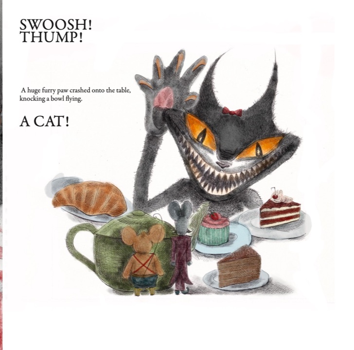 “Swoosh! Thump! A cat!” — a grinning black cat crashes onto the table above the mice hiding by a teacup